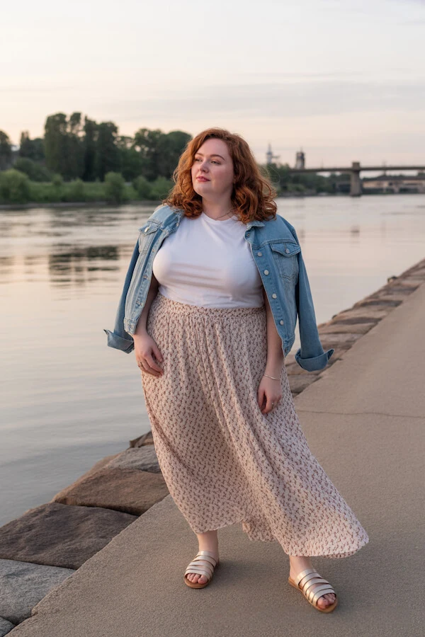 Denim Jacket White Tee Floral Midi Skirt Outfit