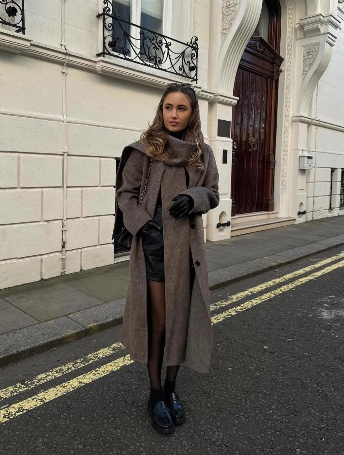 Taupe Wool Coat Outfit with Black Leather Mini Skirt
