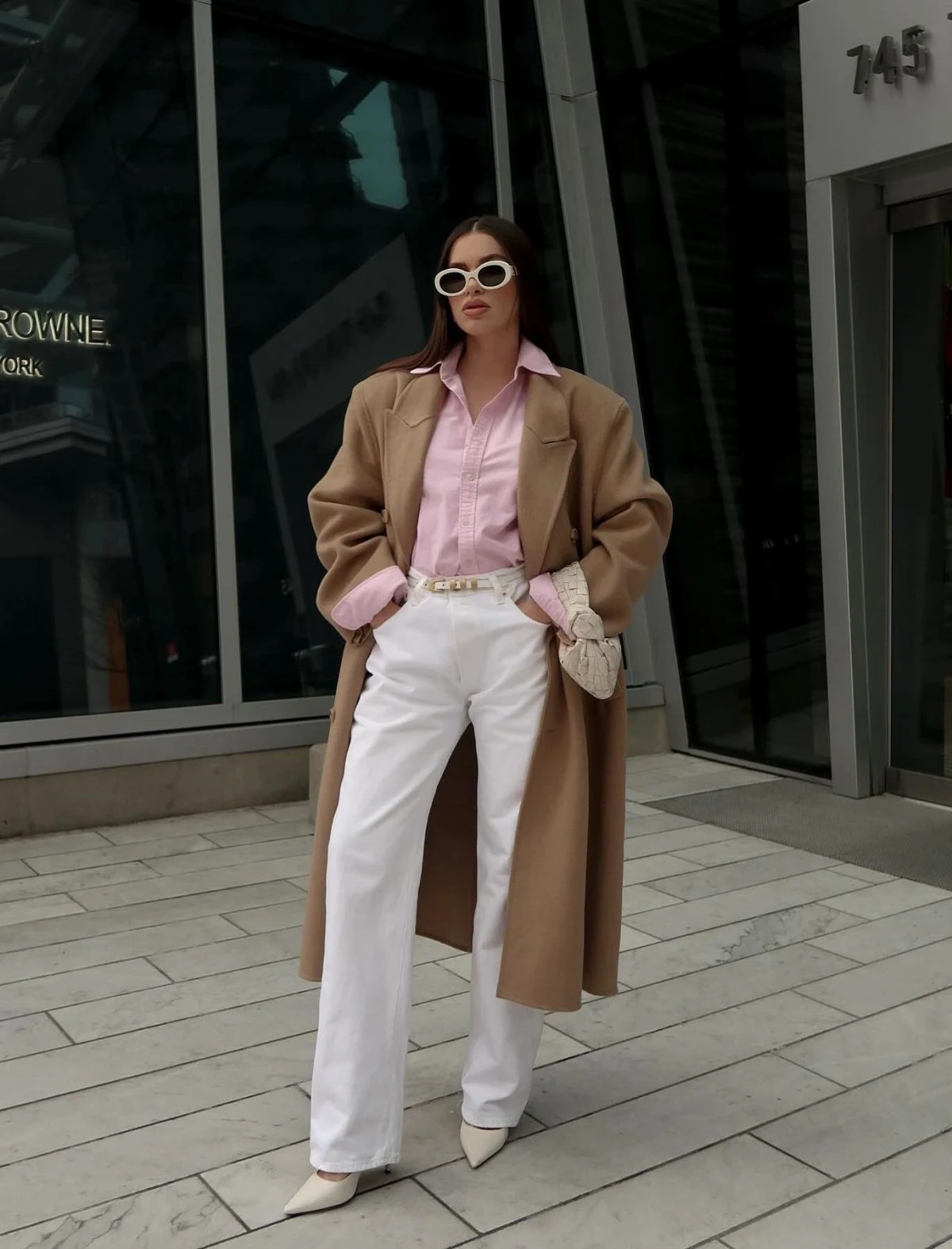 Camel Coat Pink Shirt White Wide-Leg Trousers Outfit
