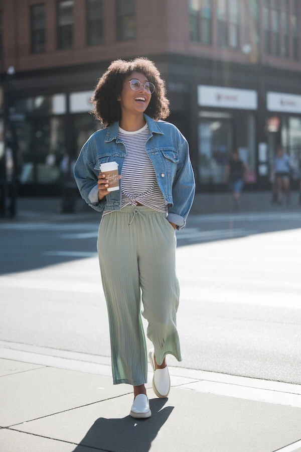 Oversized Denim Jacket with Striped Tee and Sage Wide-Leg Trousers