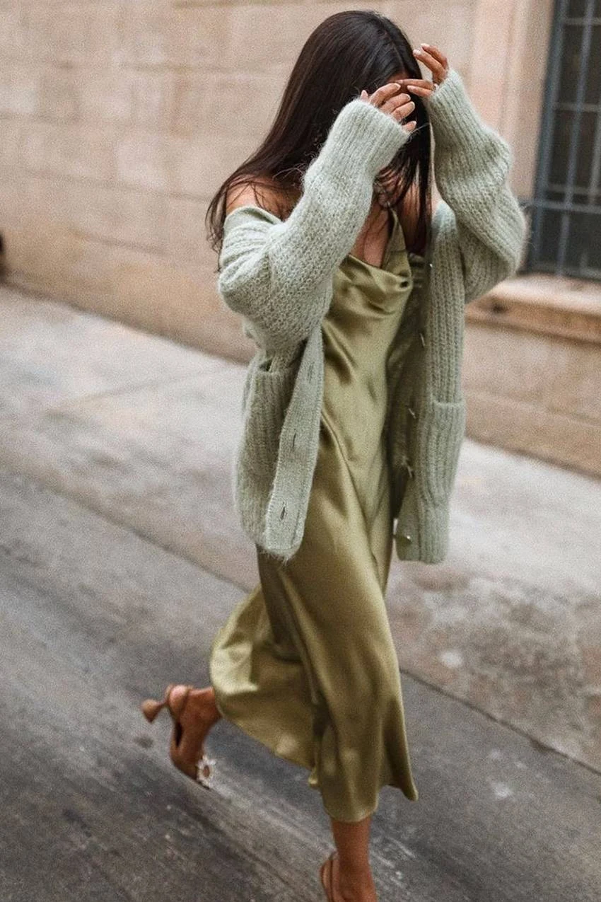 Sage Green Slip Dress Oversized Cardigan Fall Outfit