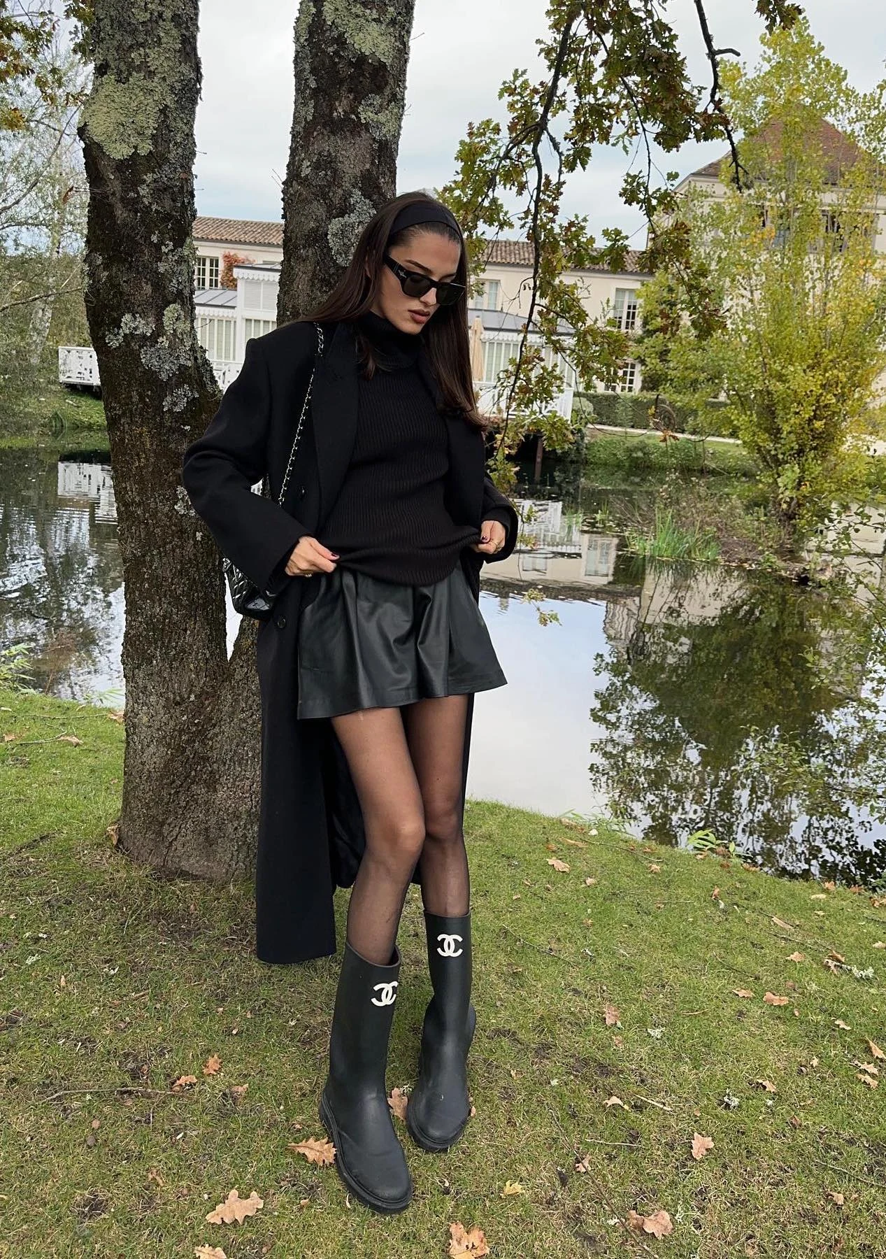 Black Turtleneck Leather Mini Skirt Outfit with Logo Boots