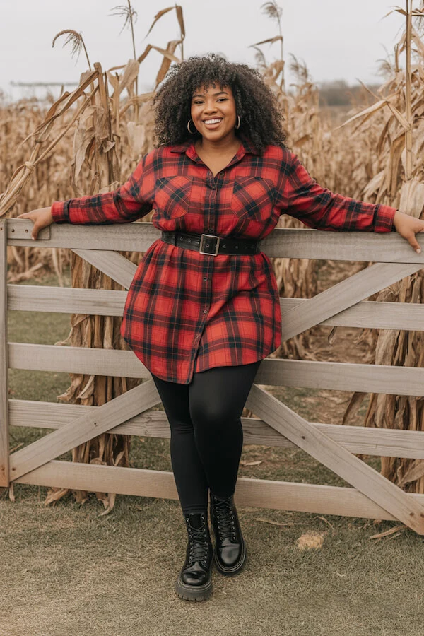 Red Buffalo Plaid Shirt Dress Outfit with Black Belt and Platform Boots