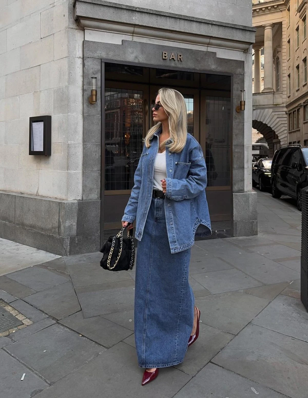 Oversized Denim Jacket Outfit with Denim Maxi Skirt