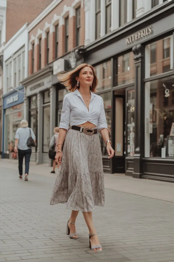 White Twist Front Shirt with Tiered Midi Skirt Spring Outfit