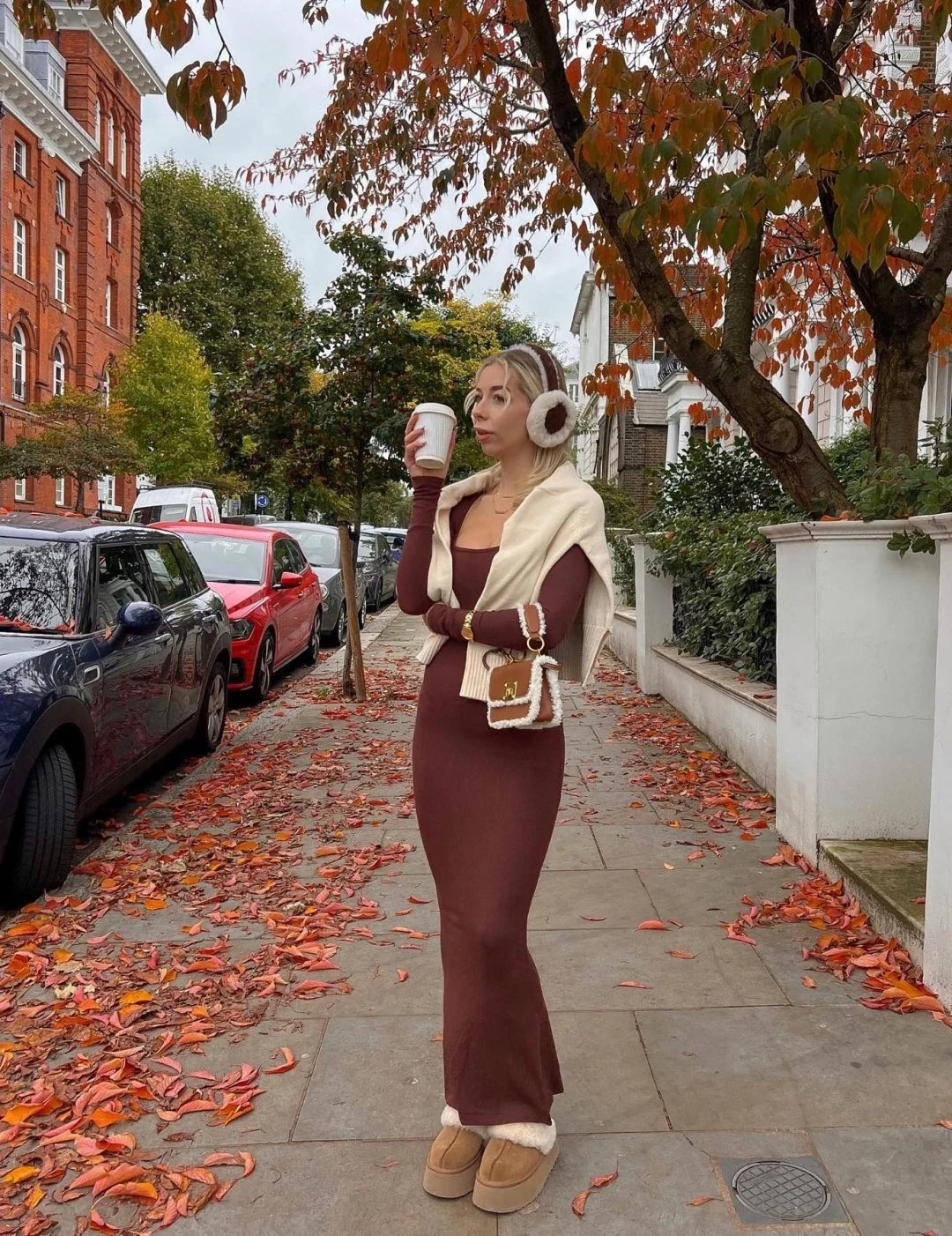 Chocolate Brown Knit Dress Outfit with Cream Vest