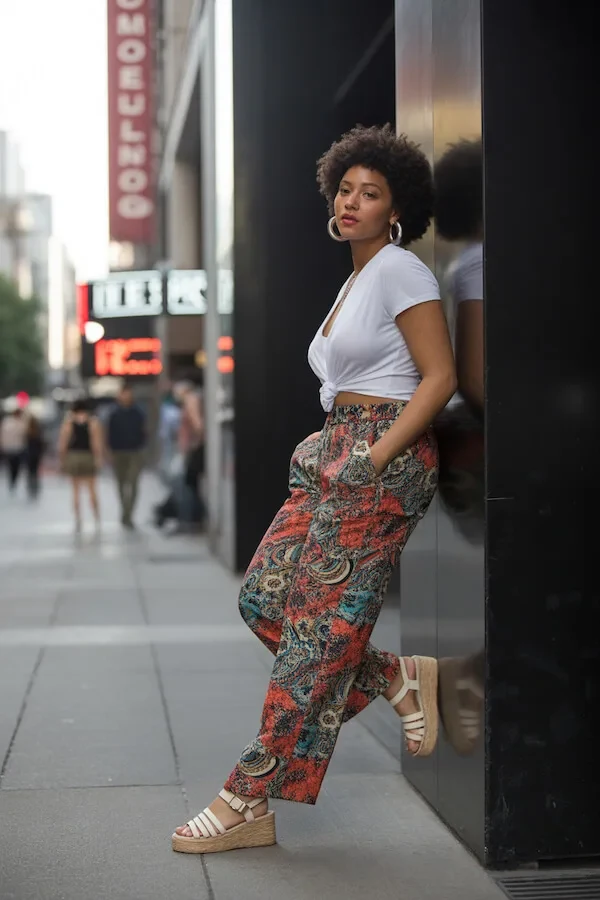 White Wrap Tee and Paisley Print Wide-Leg Trousers Summer Outfit