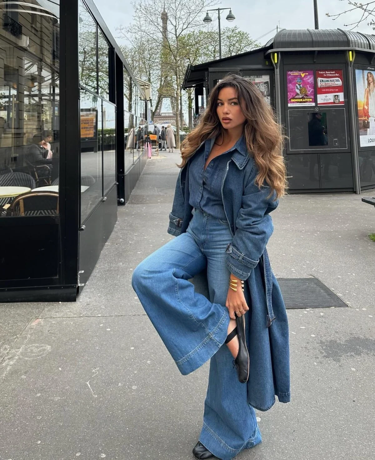 Denim Trench Coat Outfit with Wide Leg Jeans