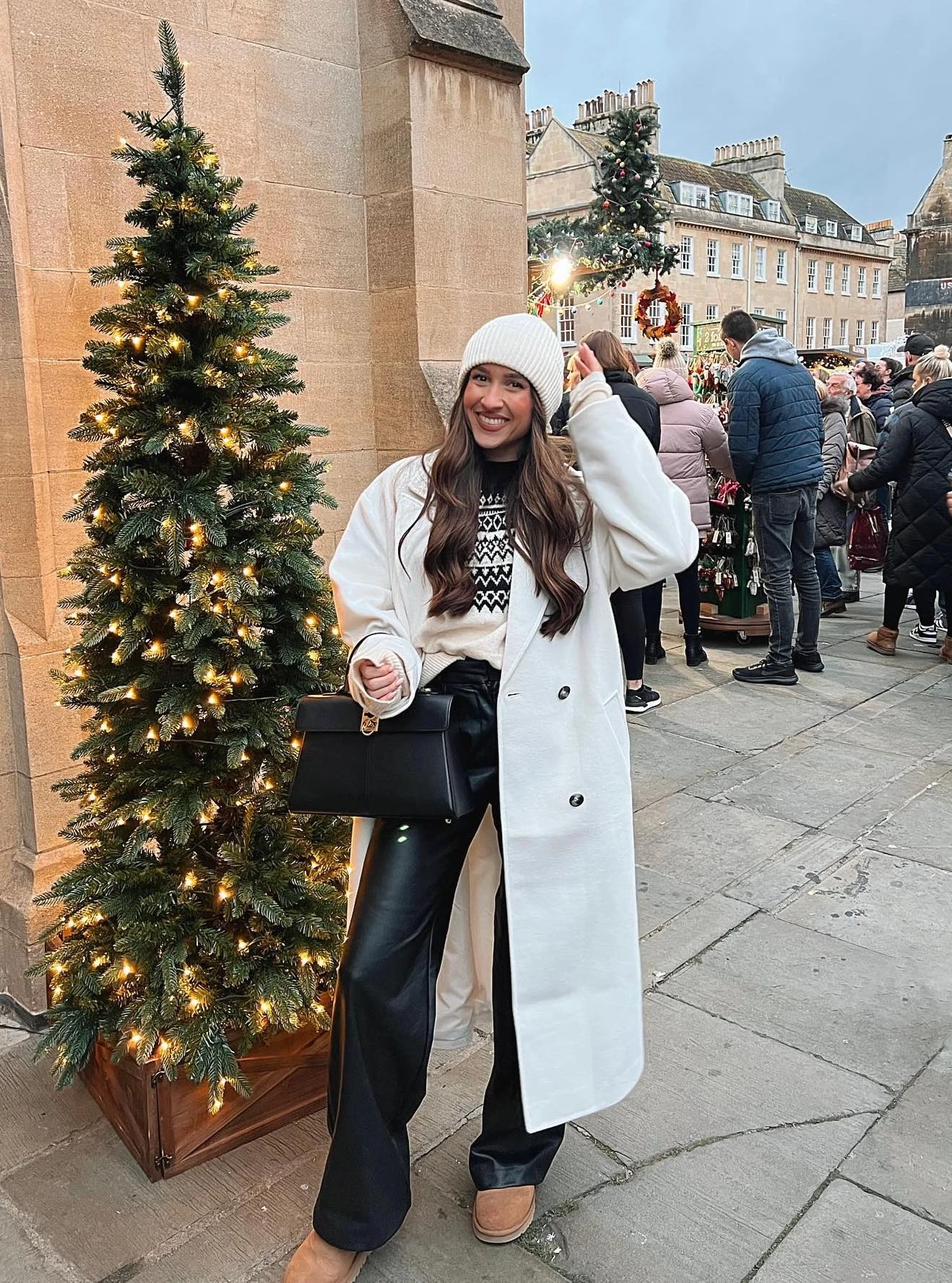 Cream Coat Black Leather Trousers Winter Outfit