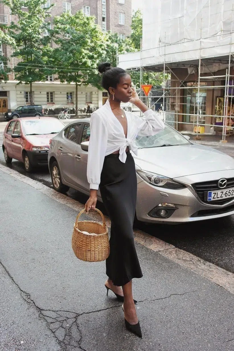 White Tie-Front Shirt Black Wide-Leg Trousers Outfit