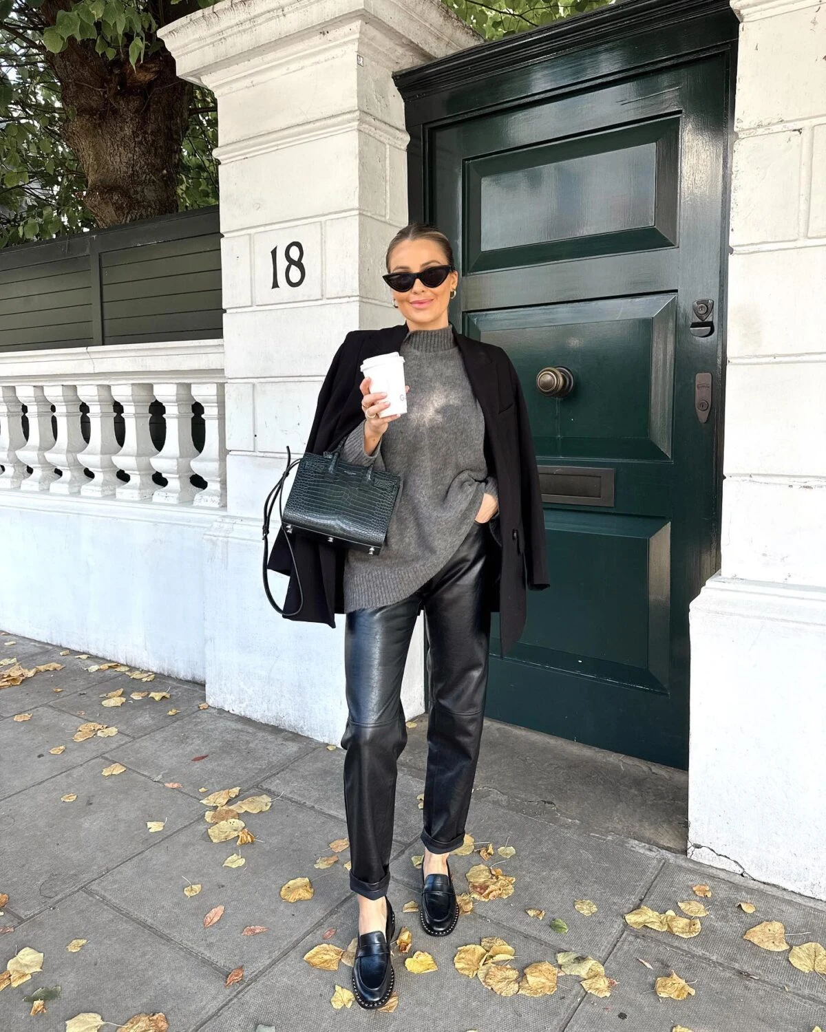 Black Leather Trousers Outfit with Grey Knit Sweater