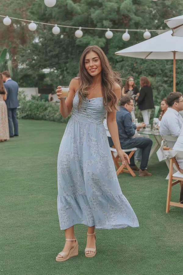 Light Blue Floral Midi Dress with Ruched Bodice and Tiered Skirt