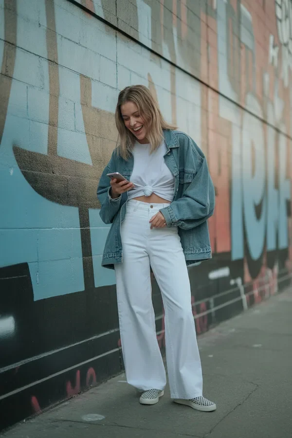 Oversized Denim Jacket White Wide-Leg Jeans Outfit