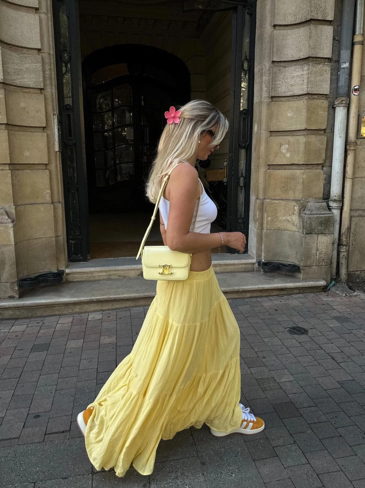 White Tank Yellow Pleated Maxi Skirt Summer Outfit