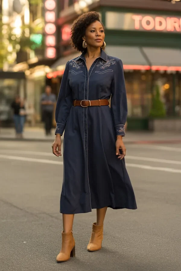 Navy Western Embroidered Shirt Dress with Brown Leather Belt