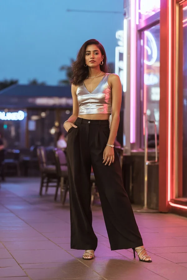 Silver Metallic Crop Top Black Wide-Leg Trousers Outfit