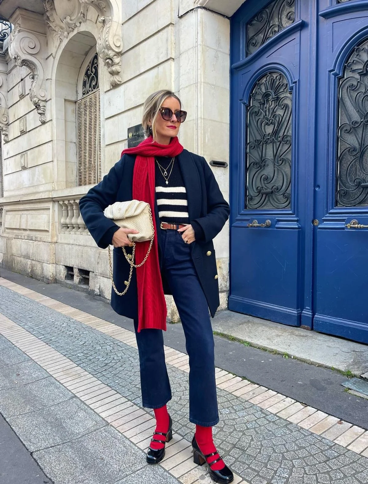 Navy Coat Red Scarf Striped Sweater Outfit
