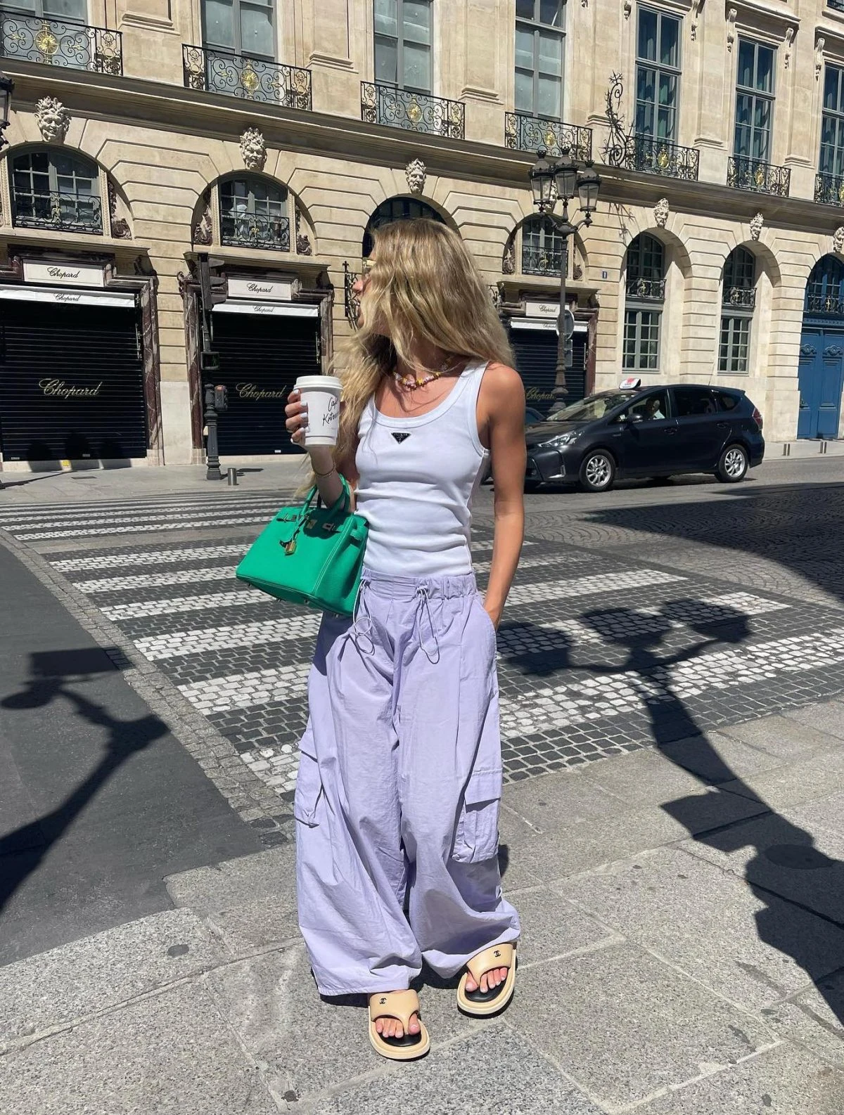 White Tank Lilac Cargo Trousers Green Bag Outfit