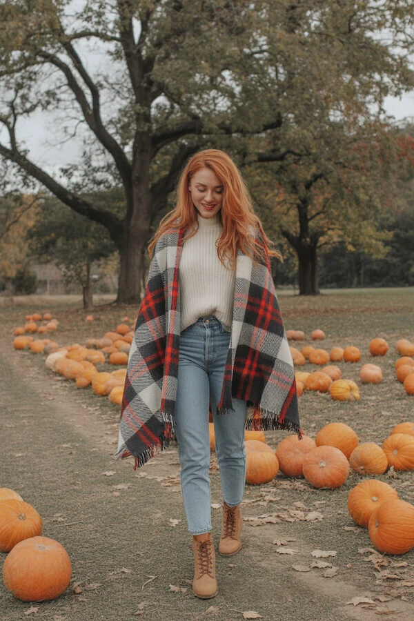 Plaid Wrap Outfit with Cream Turtleneck and Light Wash Jeans
