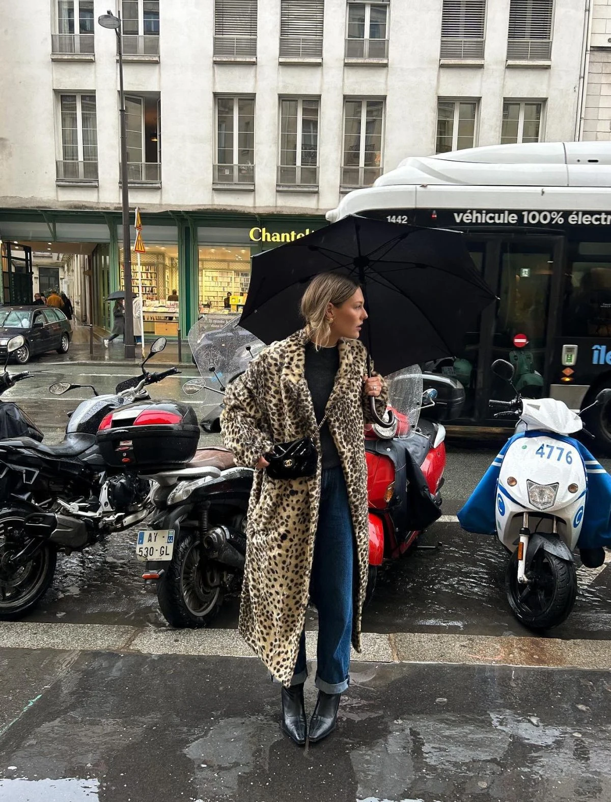 Leopard Print Coat Outfit with Straight-Leg Jeans and Ankle Boots