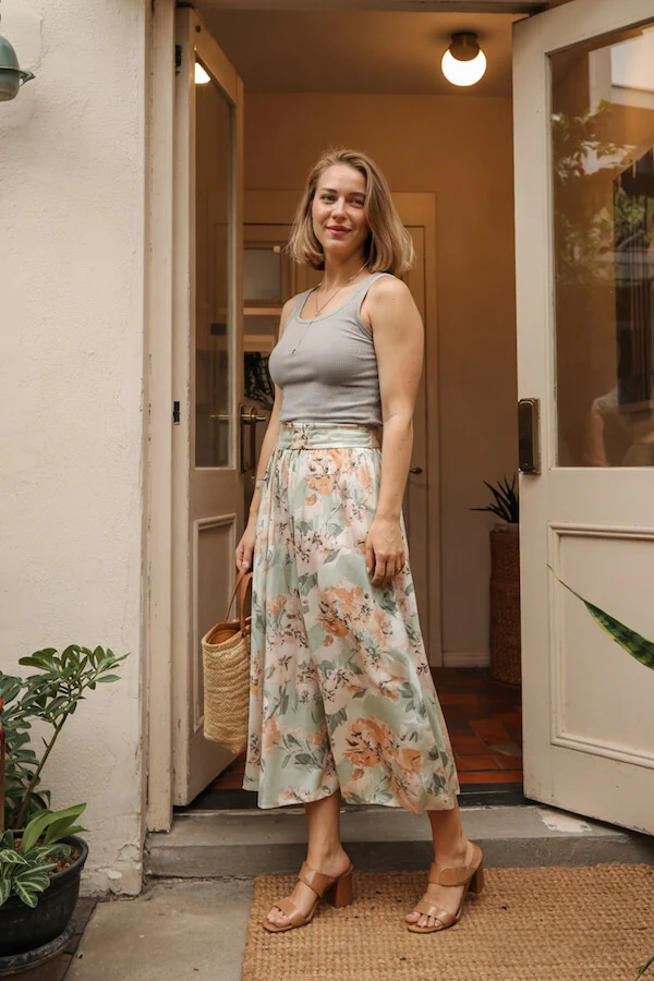 Sage Green Floral Midi Skirt Outfit with Grey Tank