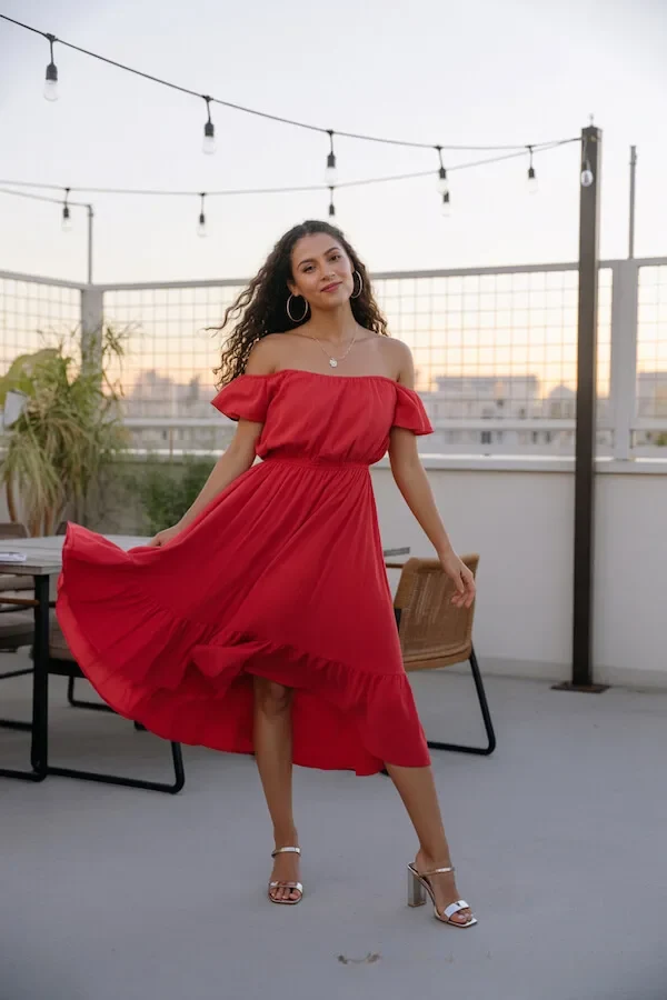 Red Off-Shoulder Midi Dress Summer Outfit
