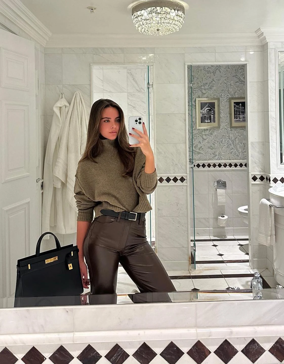 Olive Ribbed Turtleneck Chocolate Leather Trousers Outfit