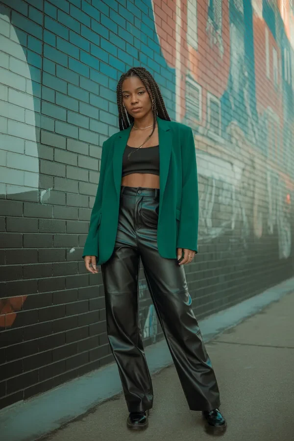 Emerald Green Blazer with Black Faux Leather Trousers and Crop Top