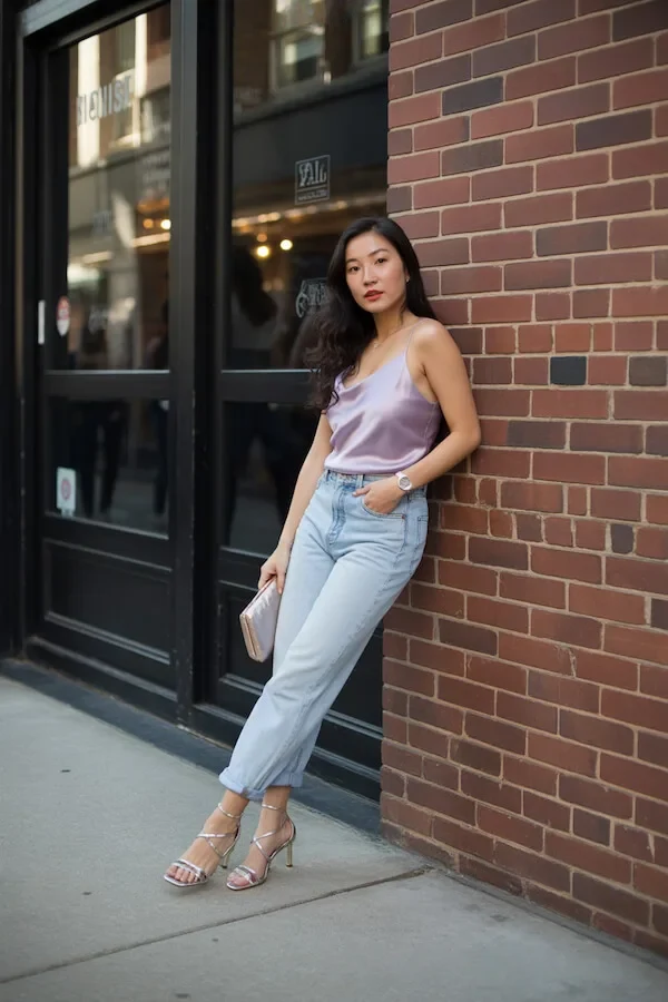 Lilac Satin Cami with Light Wash Relaxed Jeans Summer Outfit