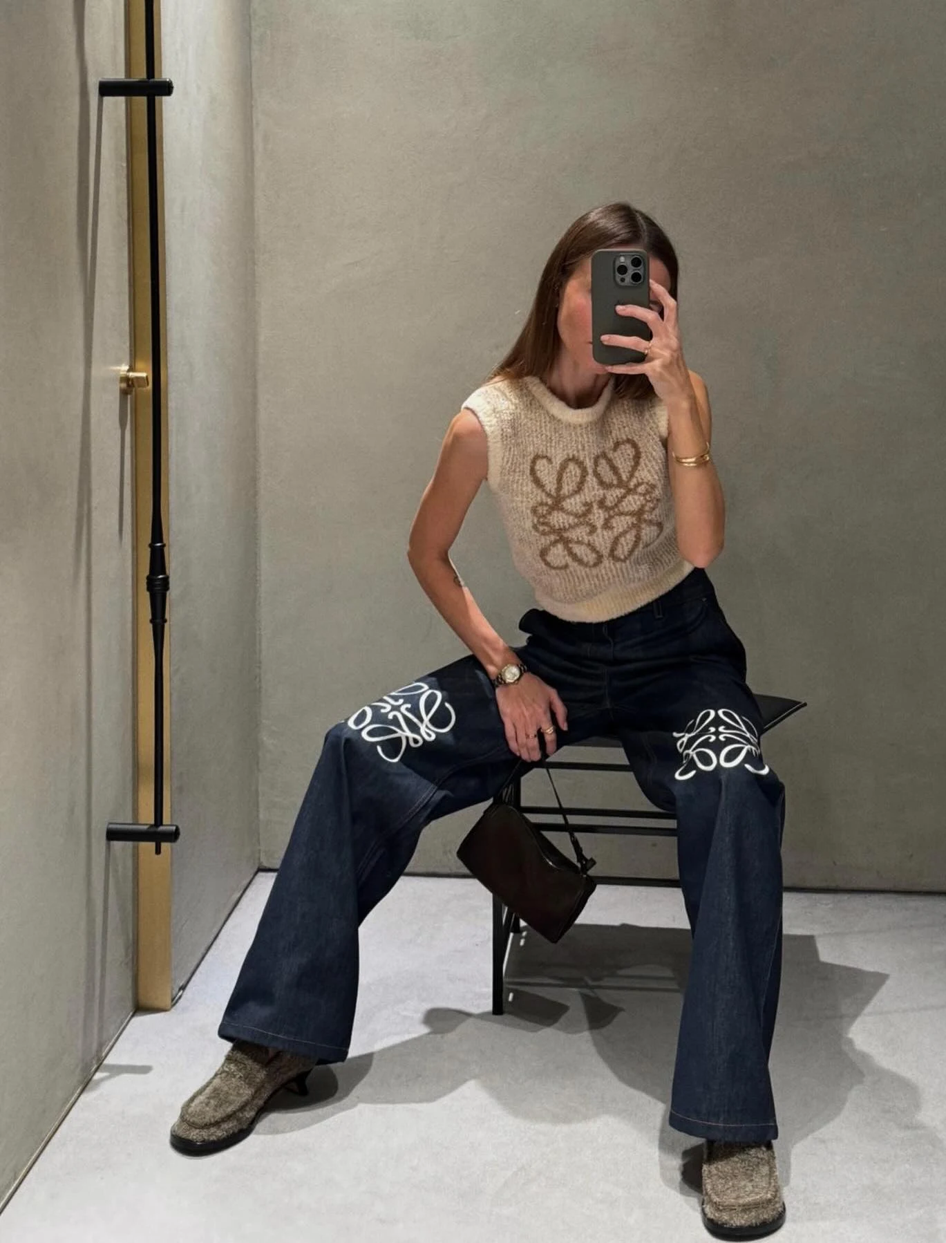 Cream Knit Vest Wide-Leg Jeans Logo Embroidery Outfit