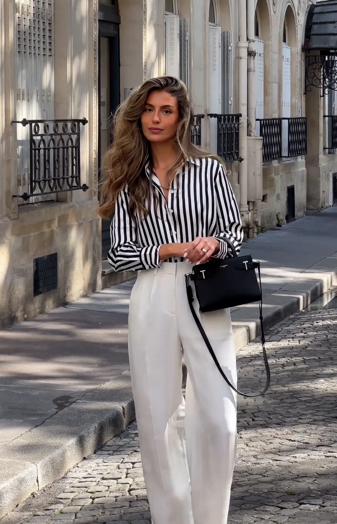 Black and White Striped Shirt Outfit with Wide-Leg Trousers