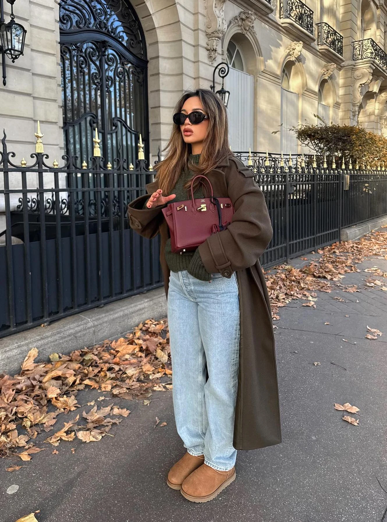 Olive Long Coat Light-Wash Jeans Burgundy Bag Outfit