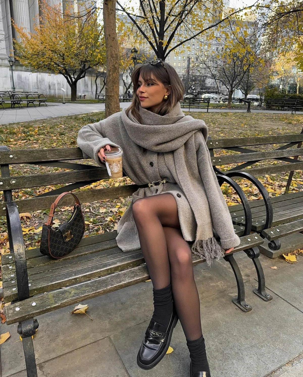 Grey Wool Coat Outfit with Sheer Tights Loafers