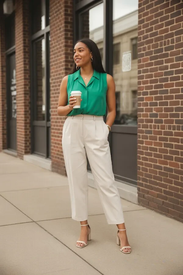Green Sleeveless Collared Blouse with Cream Pleated Trousers