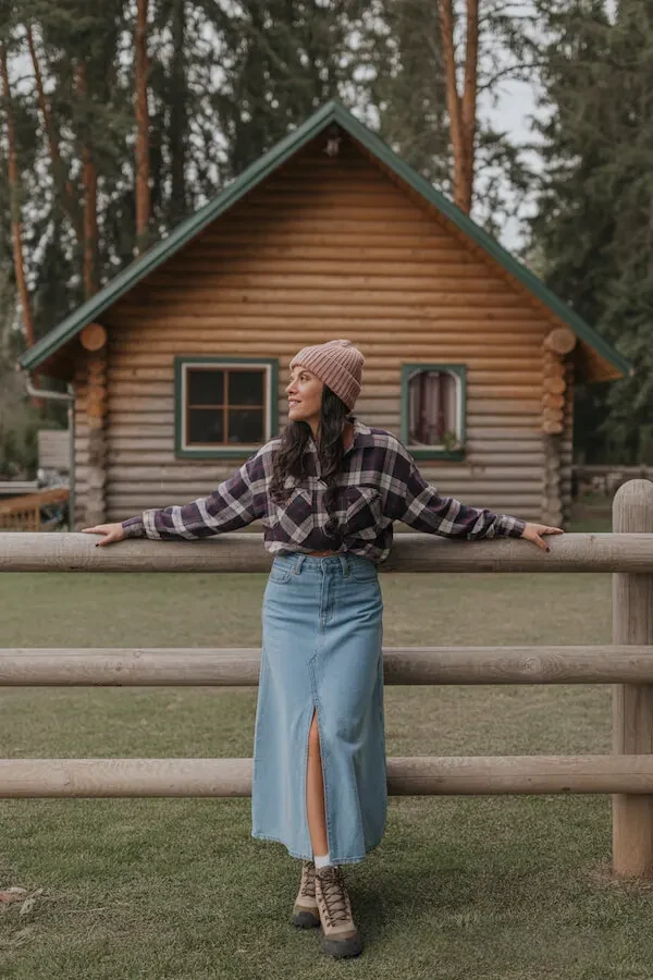 Plaid Flannel Shirt with Denim Maxi Skirt and Hiking Boots