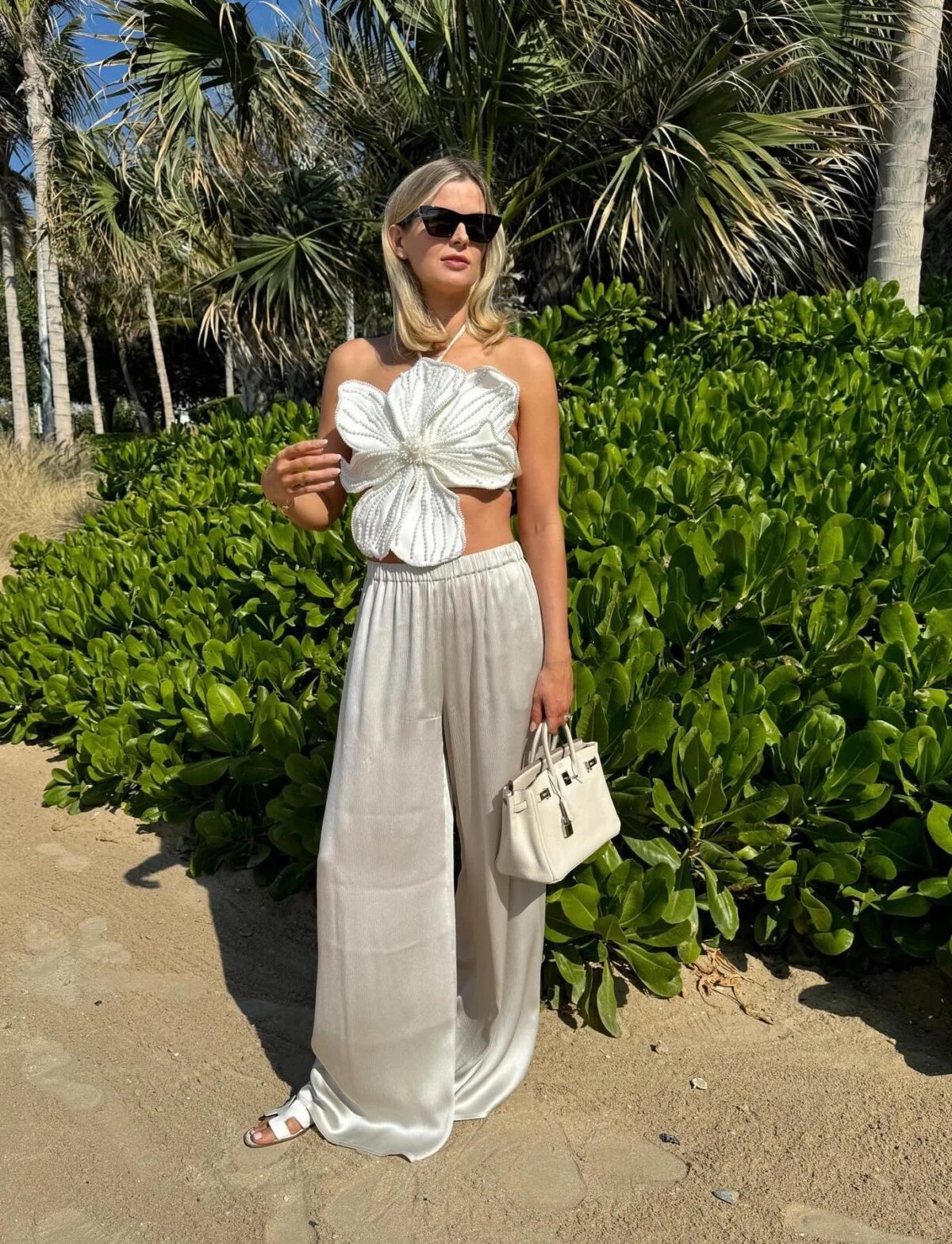 White Bandeau Top Linen Trousers Vacation Outfit