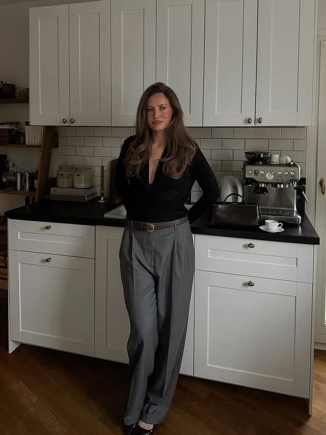 Black Bodysuit Gray Wide-Leg Trousers Work Outfit