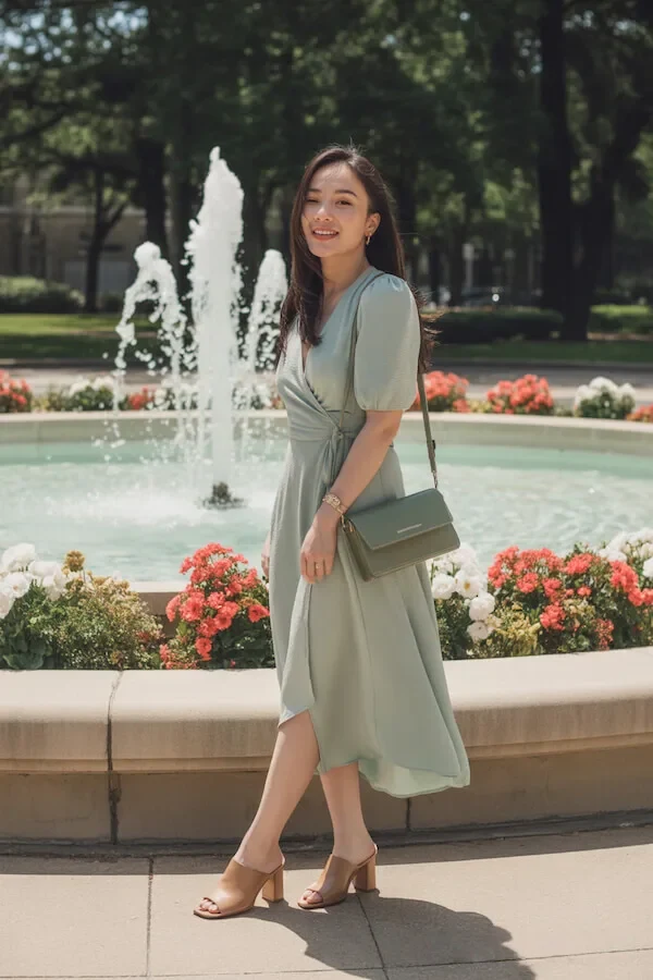 Sage Green Wrap Dress with Puff Sleeves and Block Heel Sandals