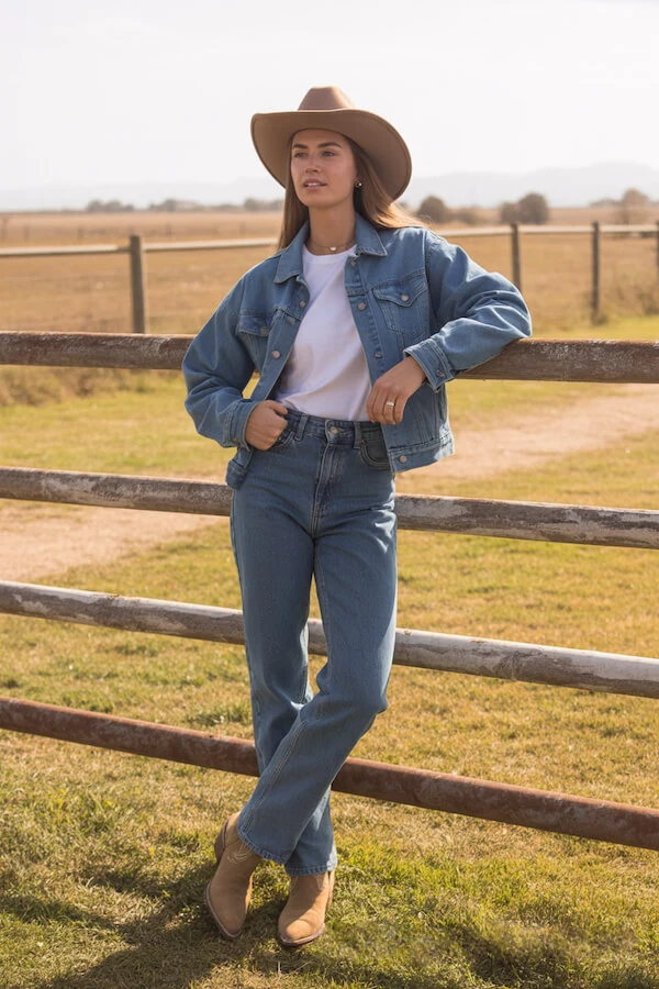 Denim on Denim Outfit with Wide-Brim Hat and Ankle Boots