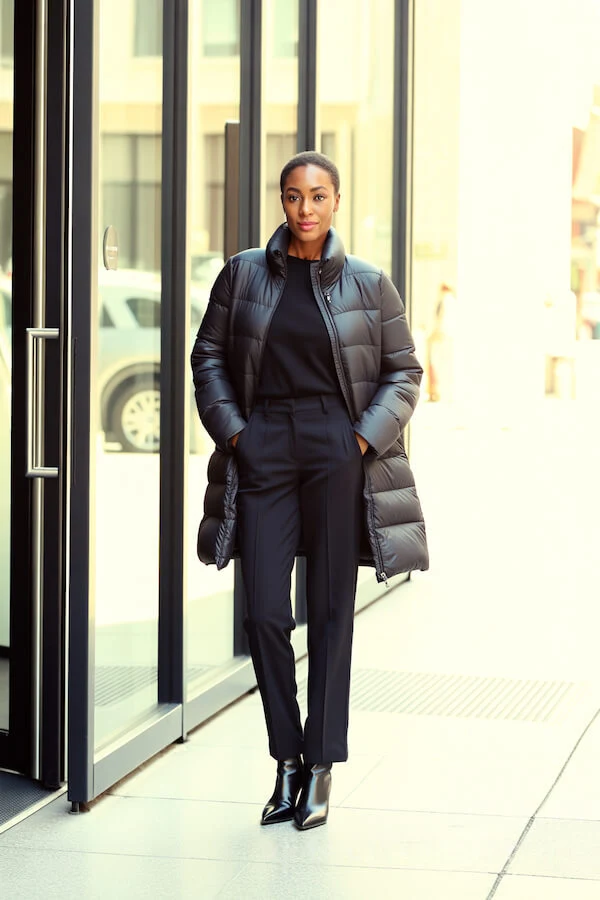Black Puffer Coat Outfit with Tailored Trousers