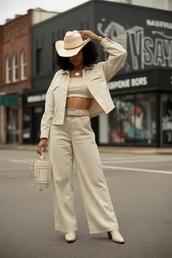 Cream Crop Jacket Wide-Leg Trouser Western Hat Outfit