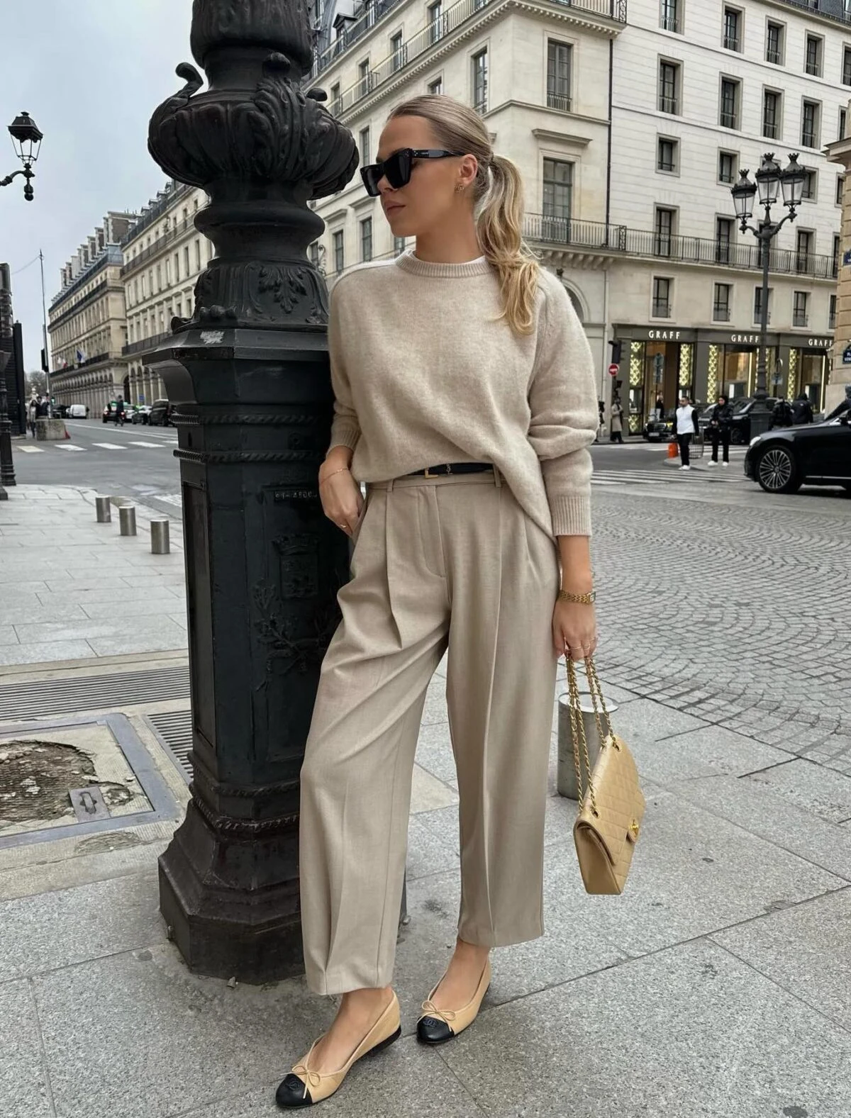Cream Knit and Beige Wide-Leg Trousers Parisian Outfit