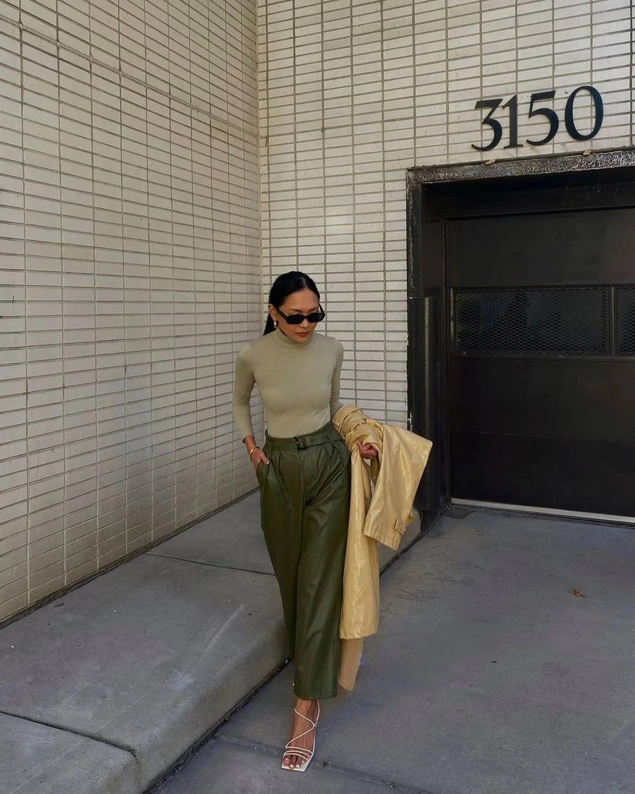 Sage Turtleneck Olive Wide-Leg Trousers Outfit