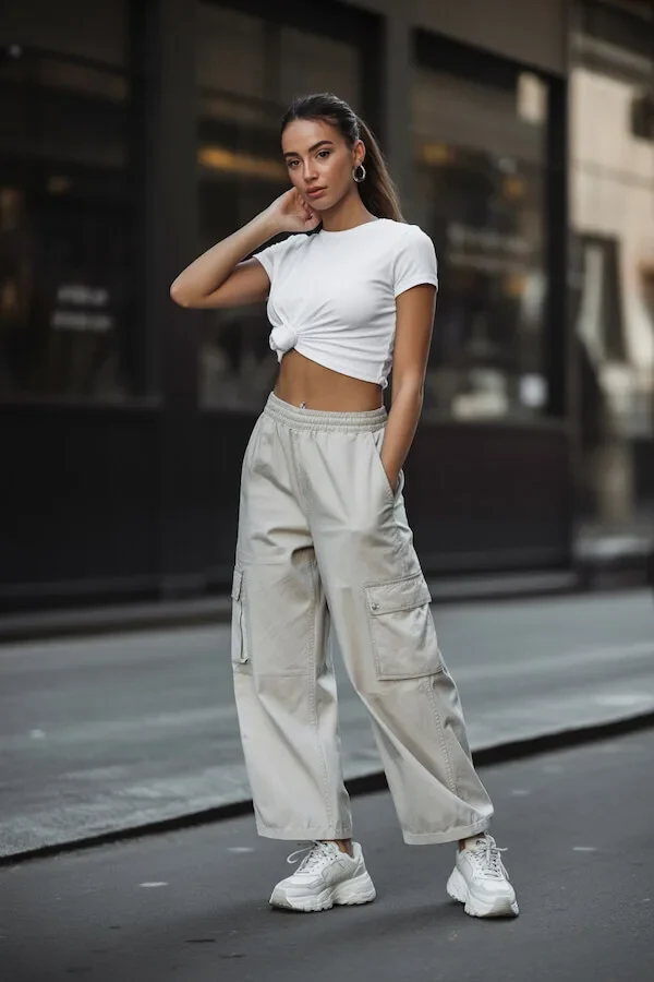 White Cropped Tee and Cream Cargo Trousers with Chunky Sneakers