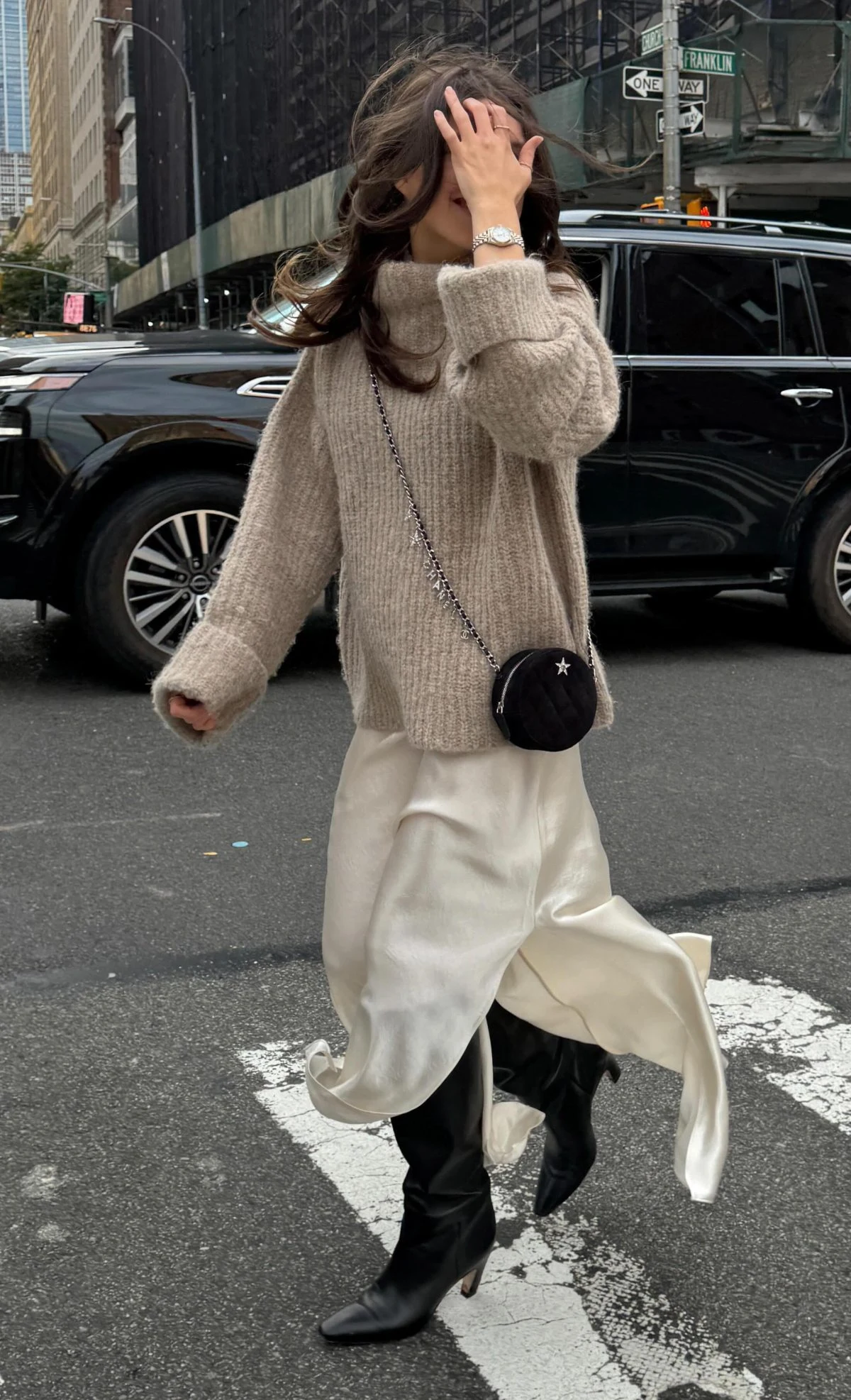 Oversized Taupe Sweater Outfit with Cream Silk Midi Skirt