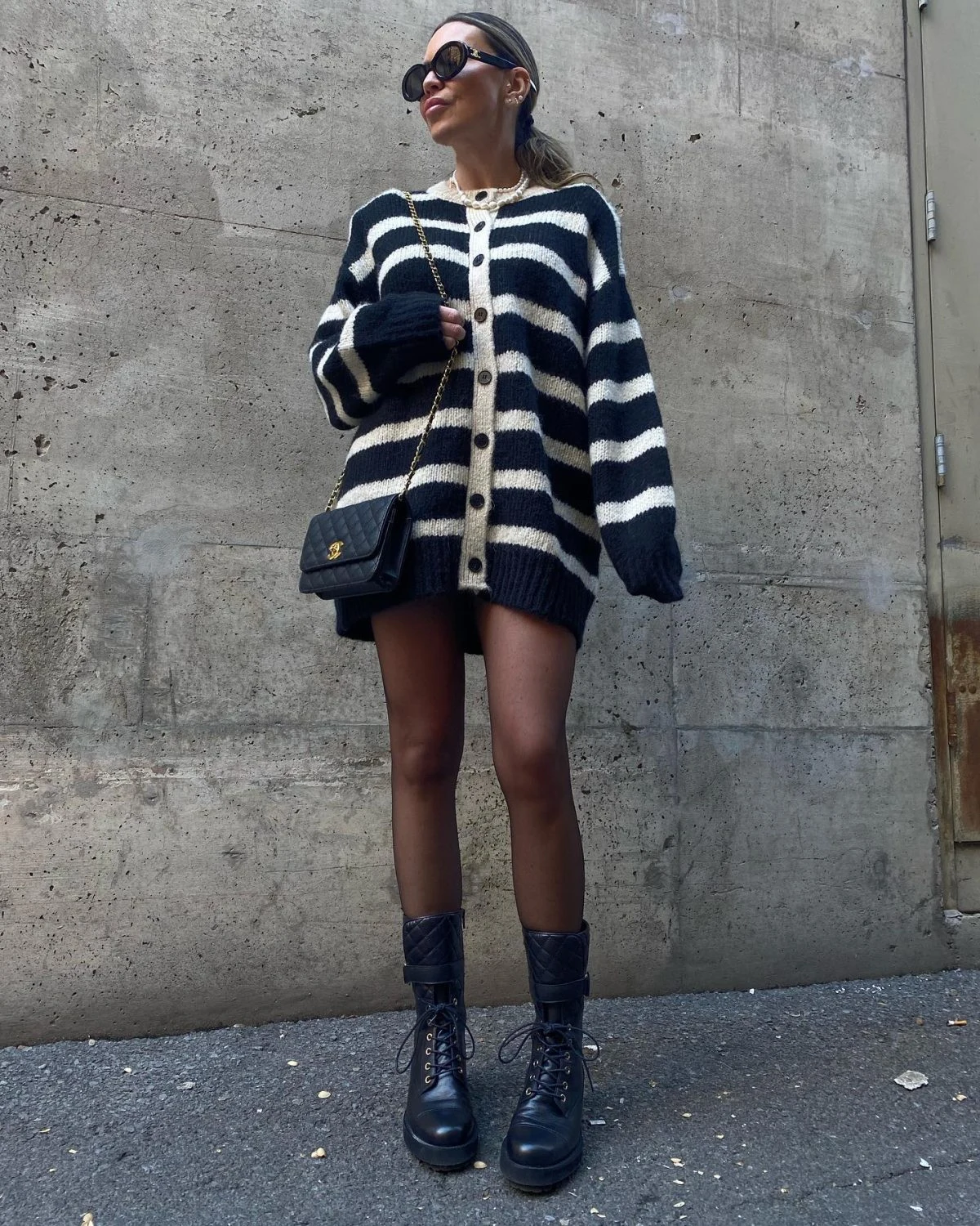 Oversized Striped Cardigan Outfit with Mini Skirt and Combat Boots