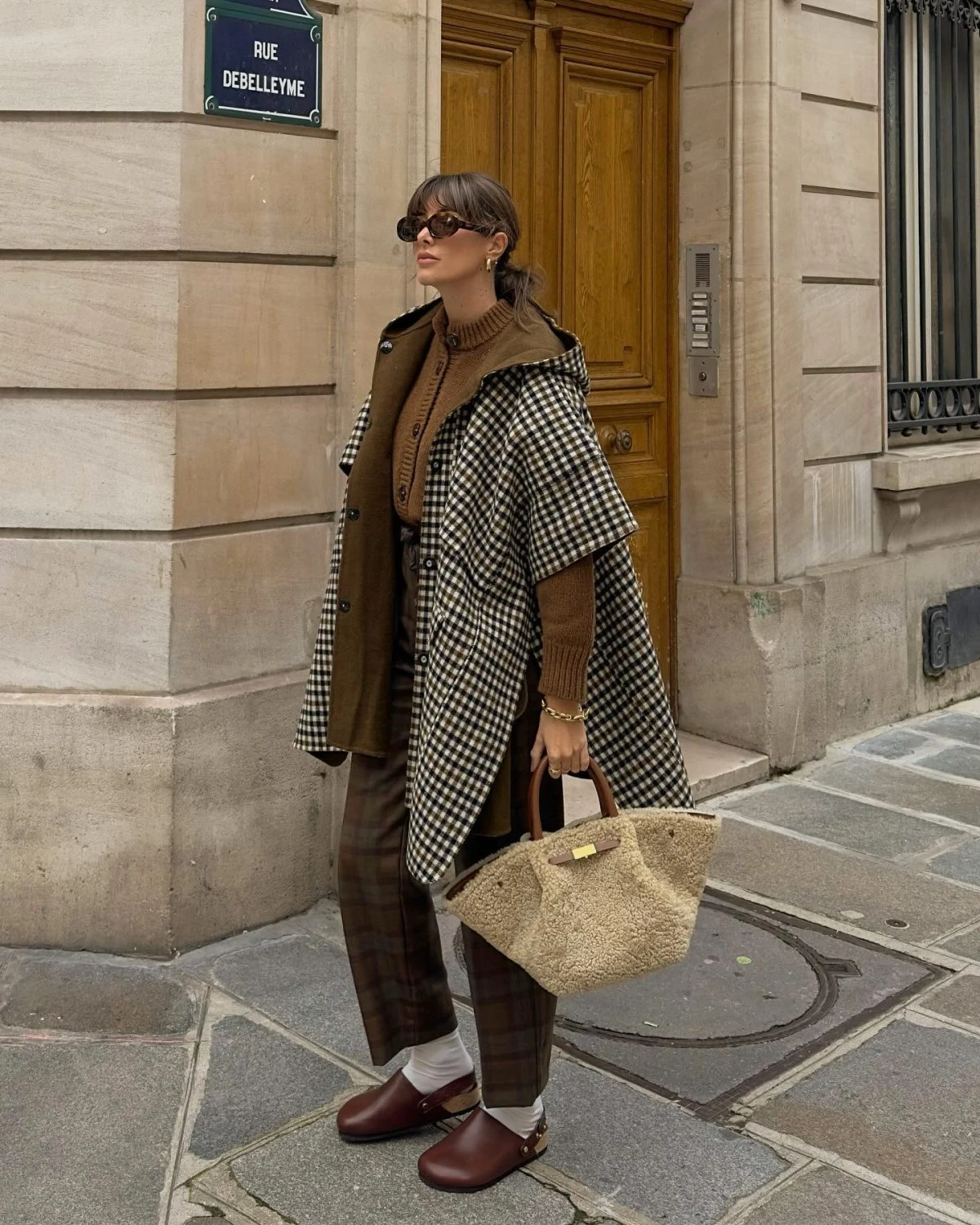 Gingham Coat Outfit with Brown Trousers and Camel Knit