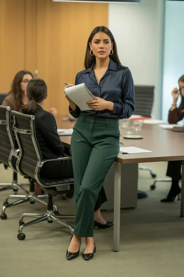 Navy Satin Shirt Forest Green Trousers Office Look