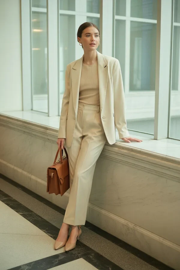 Cream Suit Outfit with Camel Knit and Cognac Bag