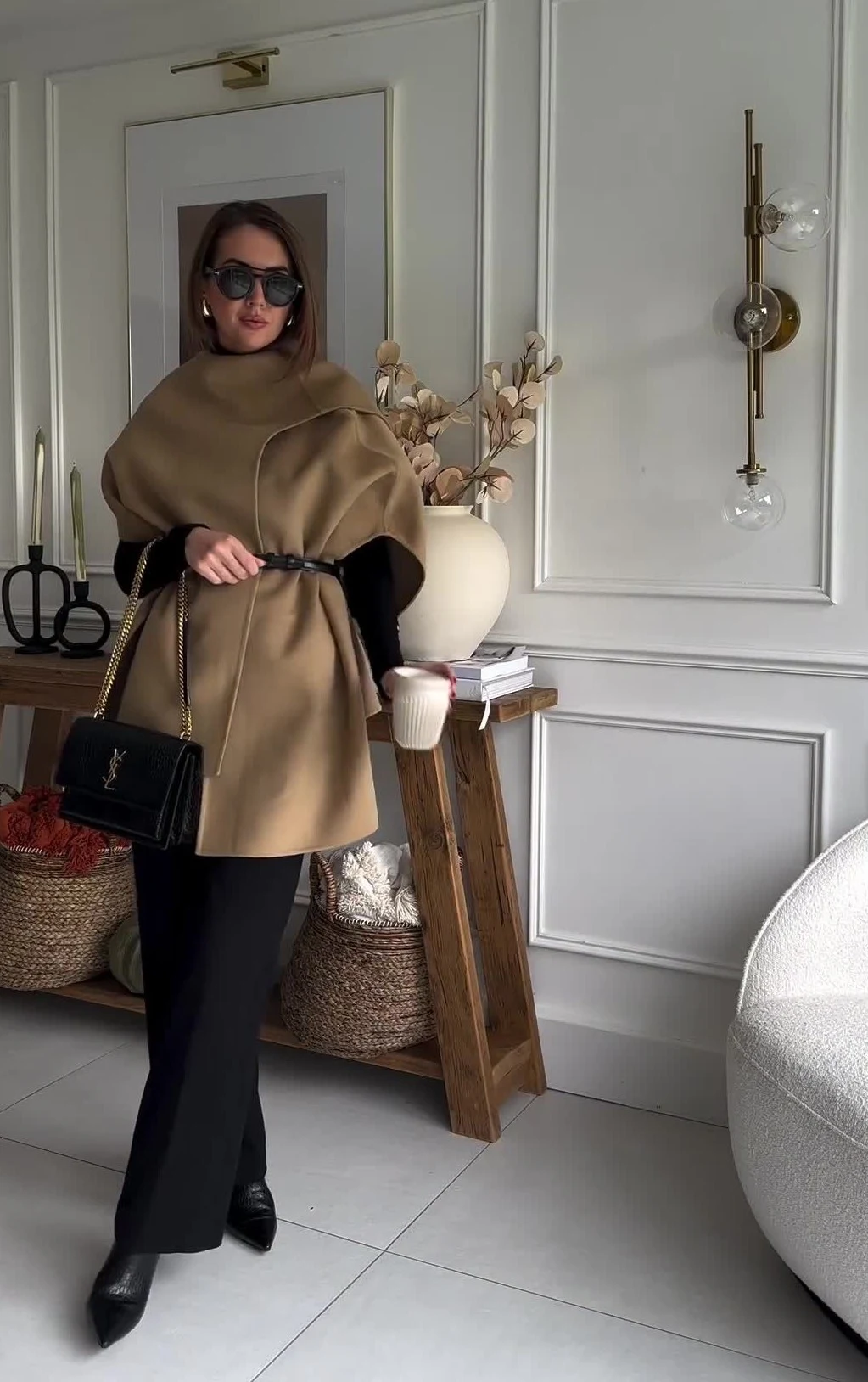 Camel Cape Coat Outfit with Black Wide-Leg Trousers